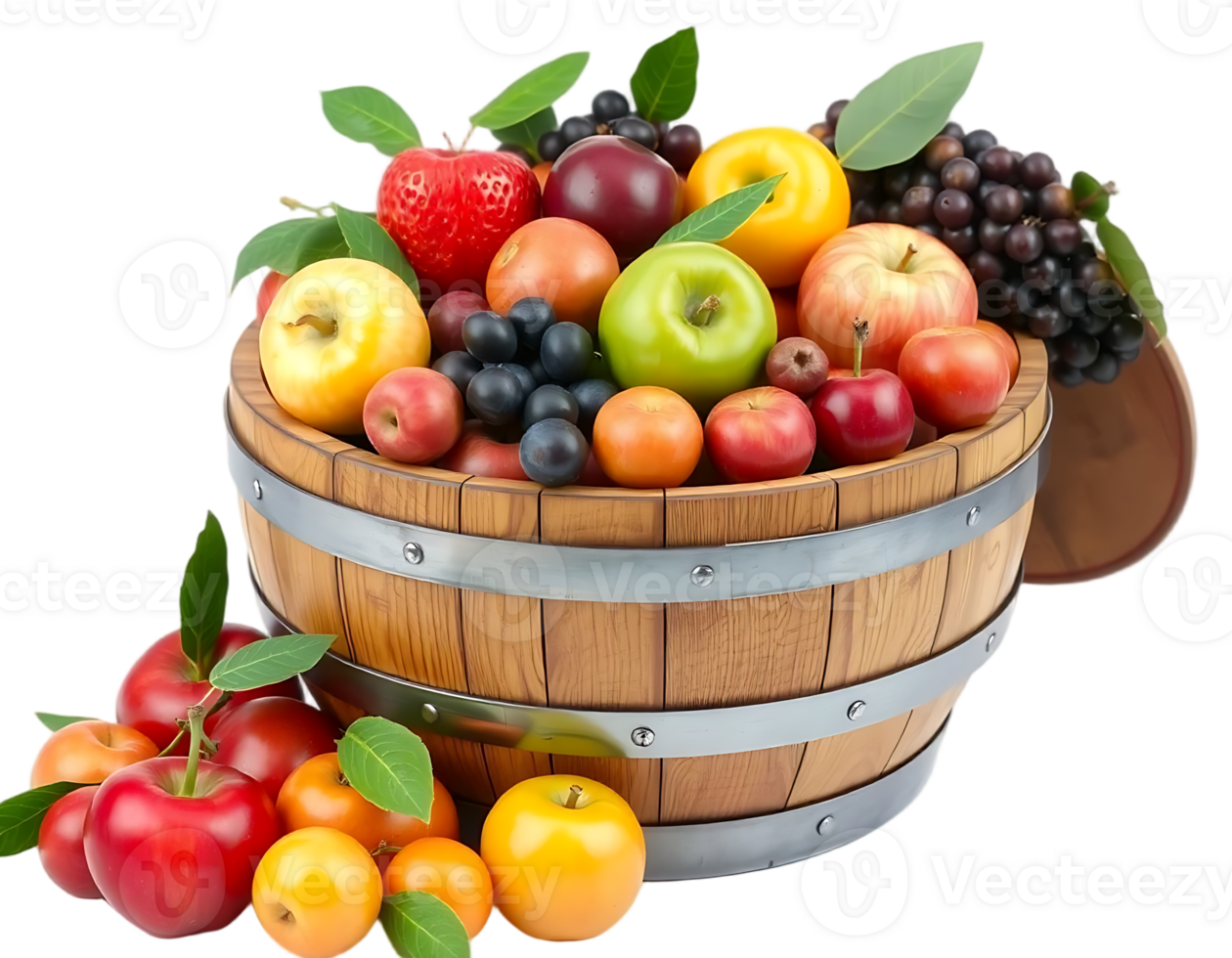 A wooden basket overflowing with a colorful mix of fresh fruits png