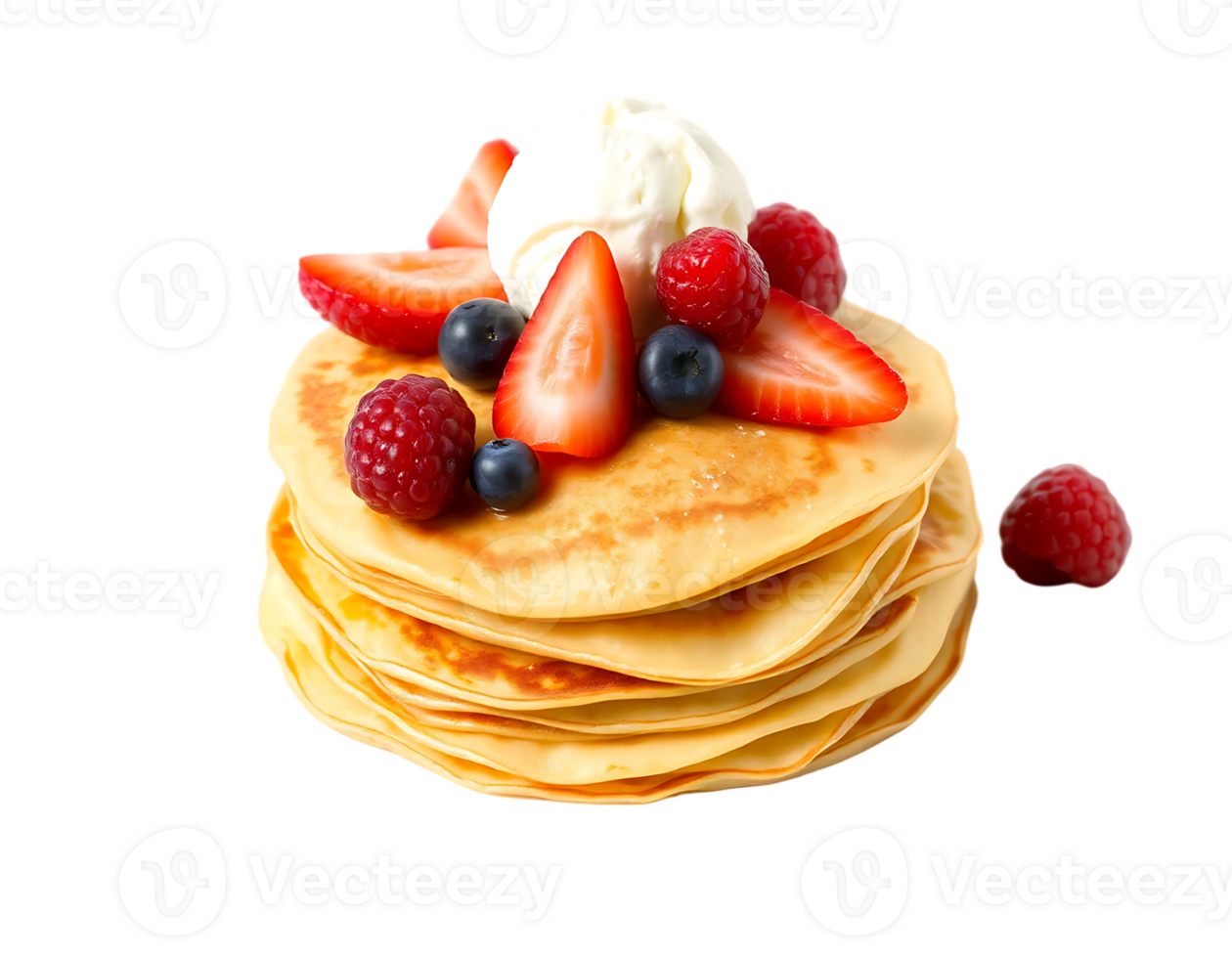 Delicious stack of pancakes with fresh berries and cream png