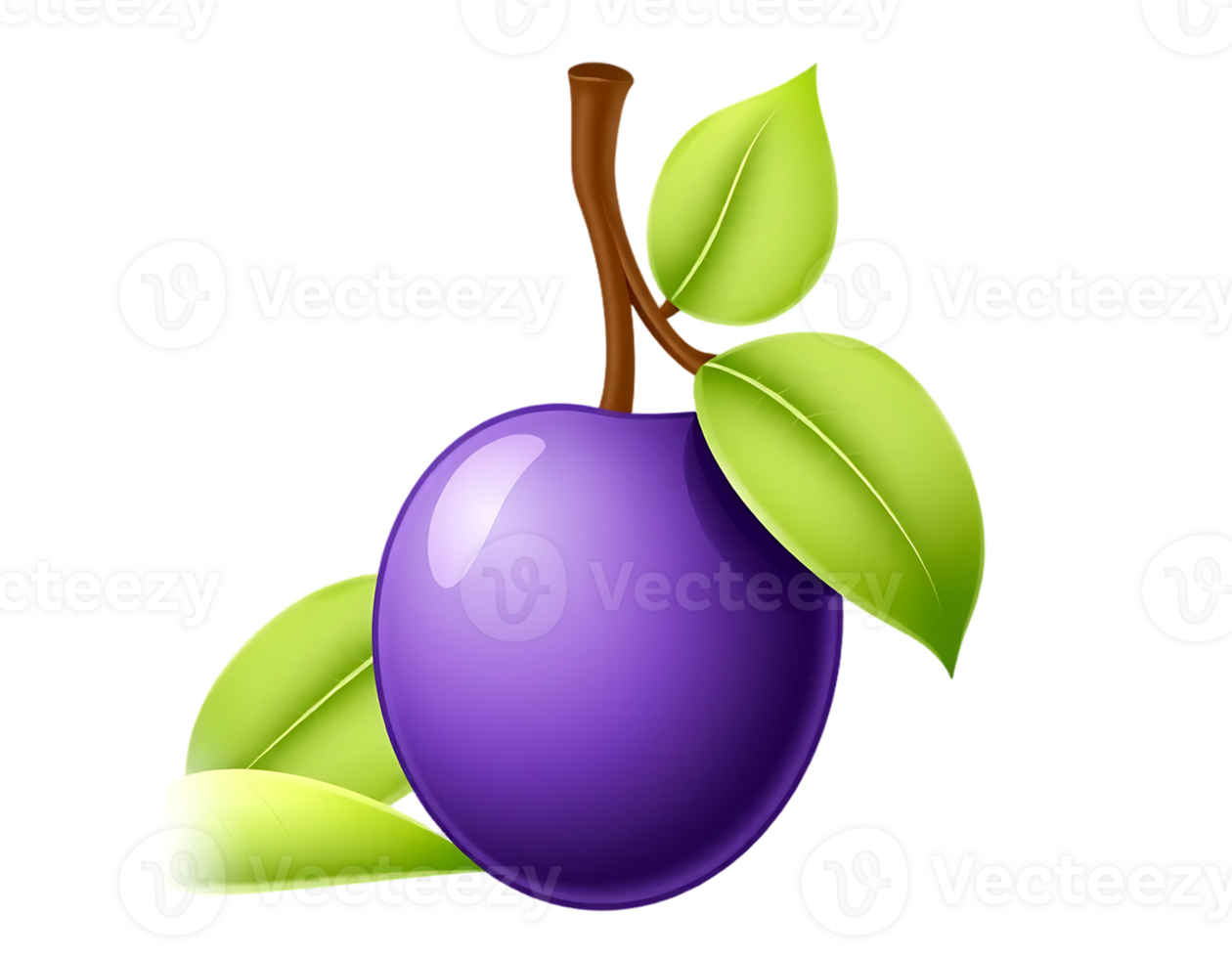 A single ripe purple plum with leaves on a branch png
