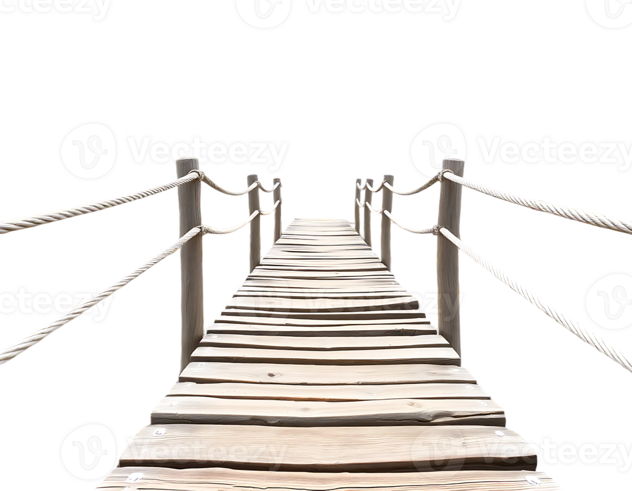 Wooden bridge with rope railings png