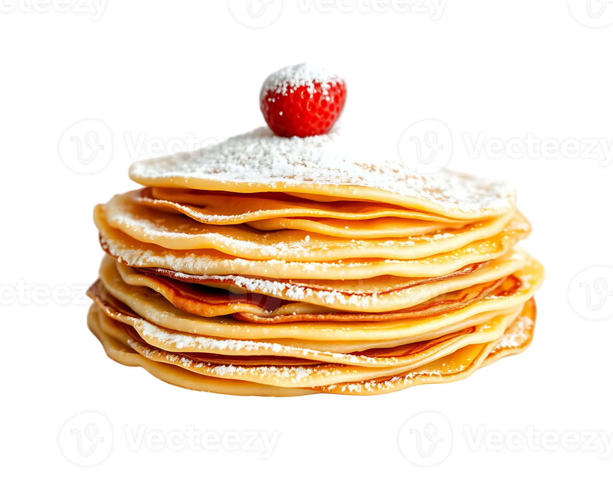 Stack of delicious pancakes with strawberry and powdered sugar png