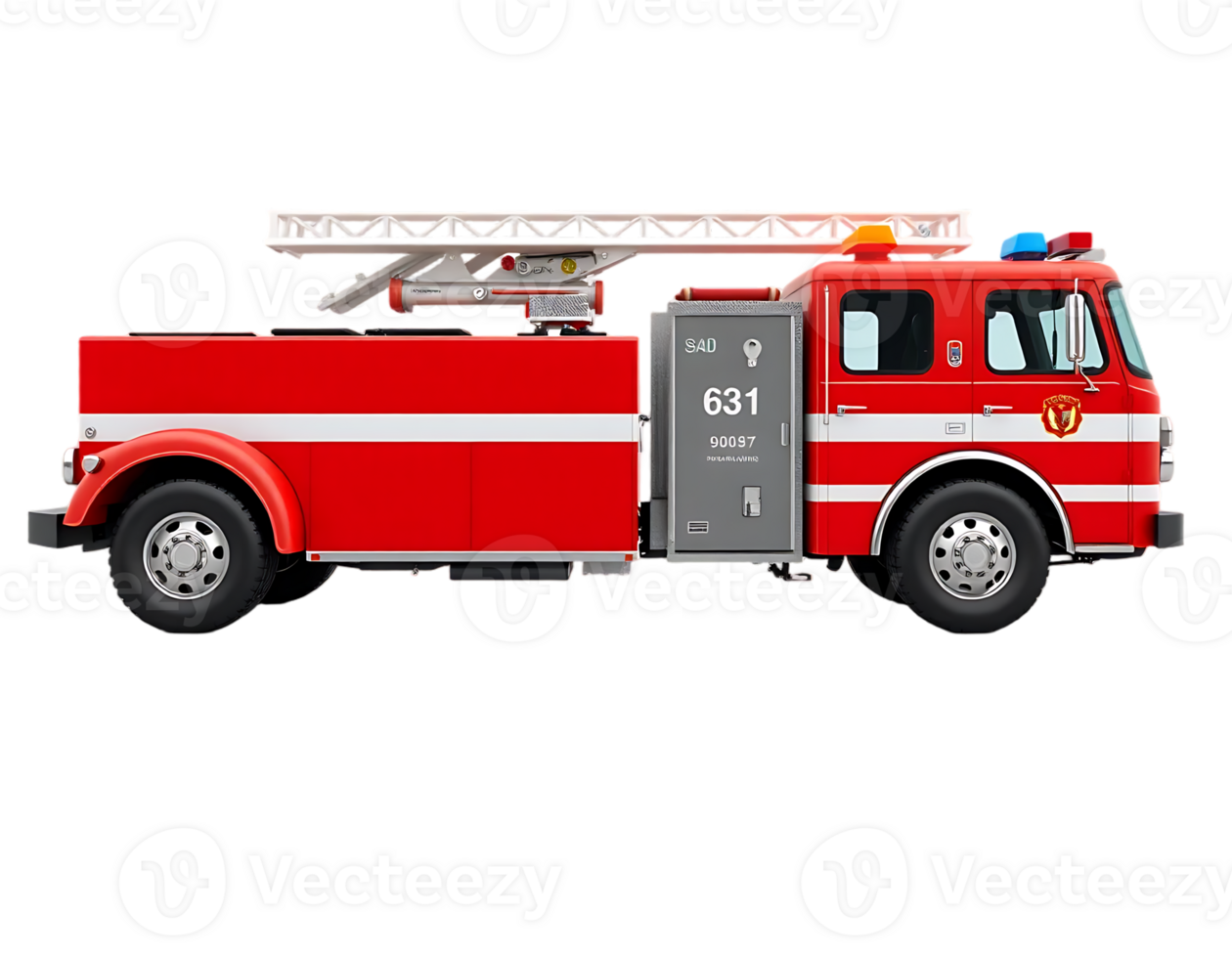 Side view of a red fire truck with a ladder png