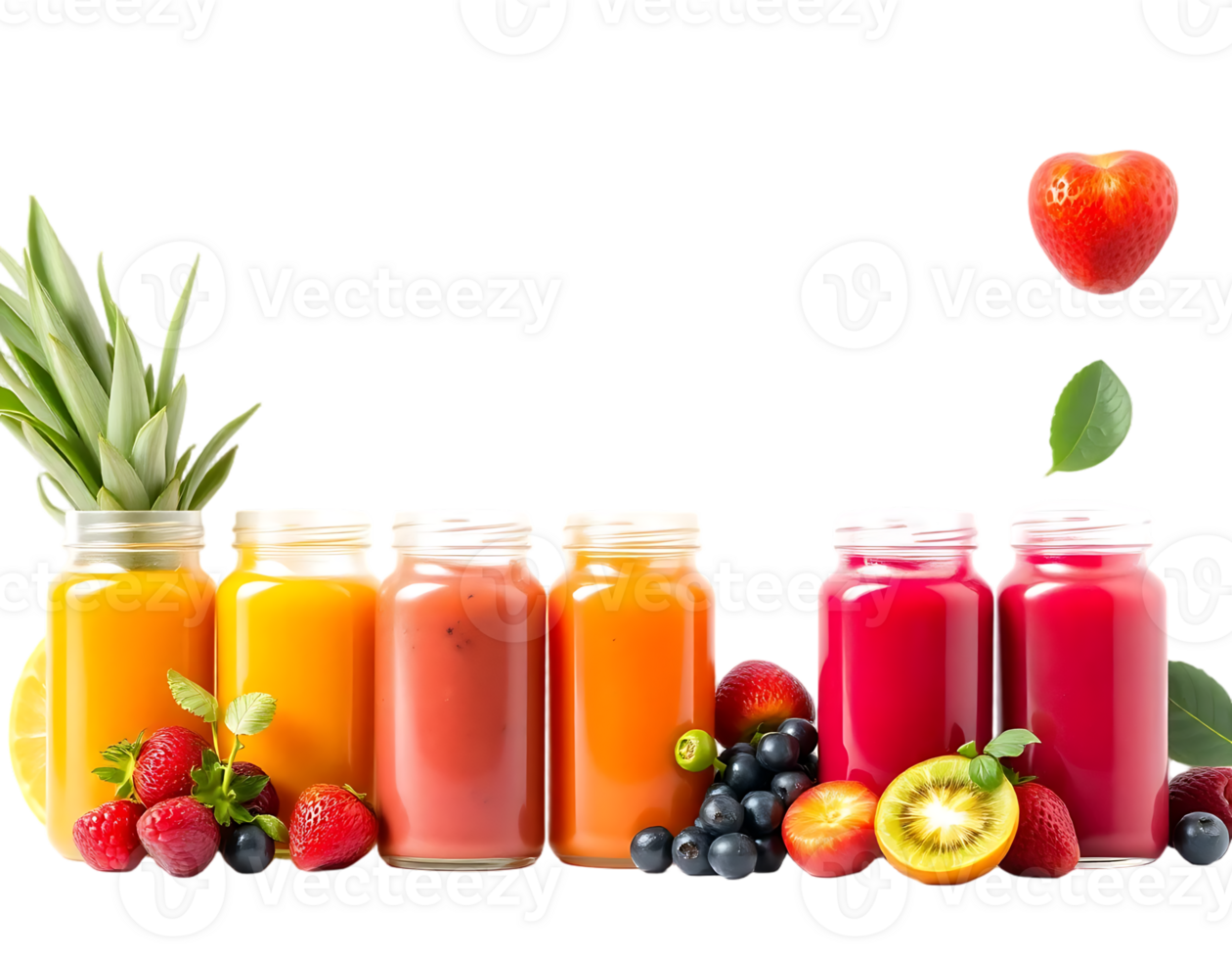 Assortment of colorful fruit juices in bottles with fresh fruits png
