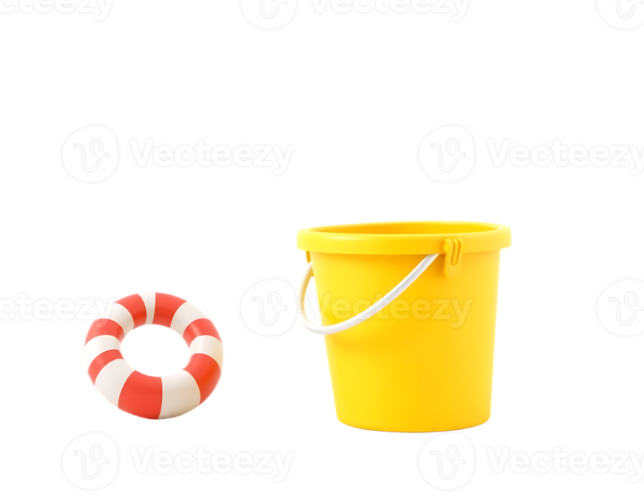 Yellow bucket and red-and-white lifebuoy for playing on the beach in summer png