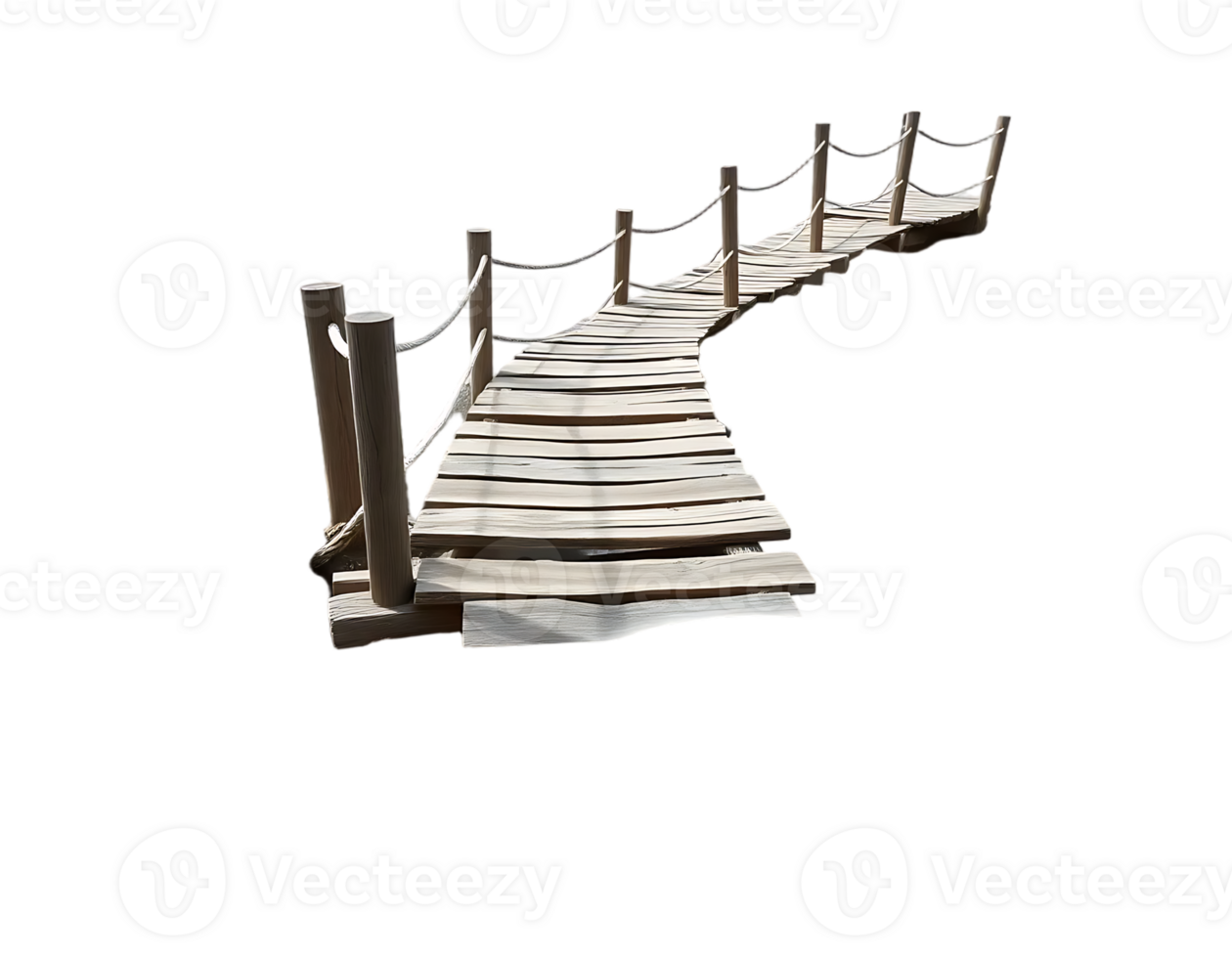 Wooden bridge pathway with rope railings png