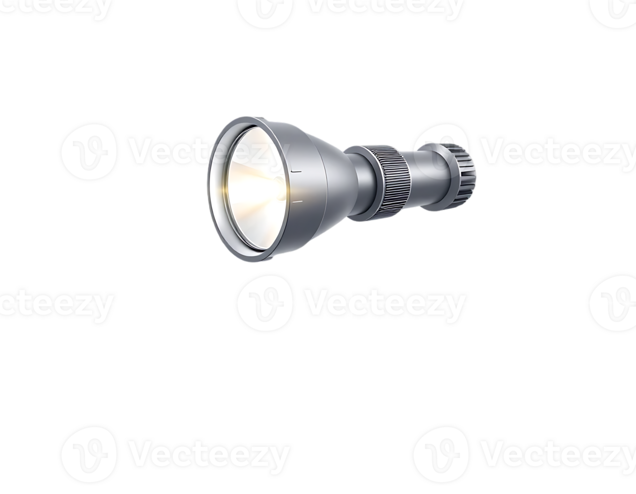 A silver flashlight, illuminated with bright light, isolated on a transparent background png