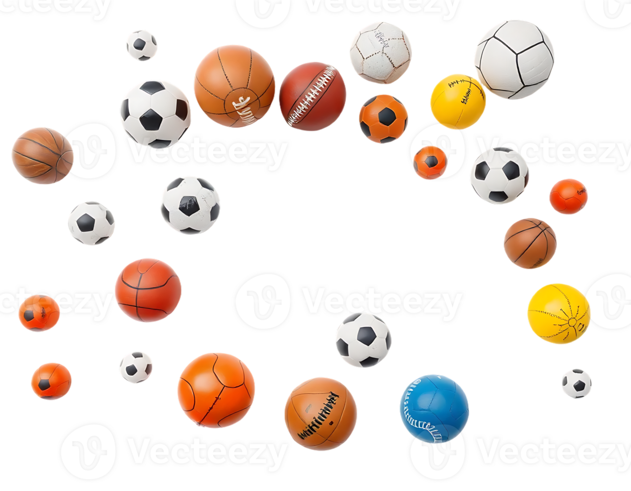 Collection of various sports balls floating in the air png