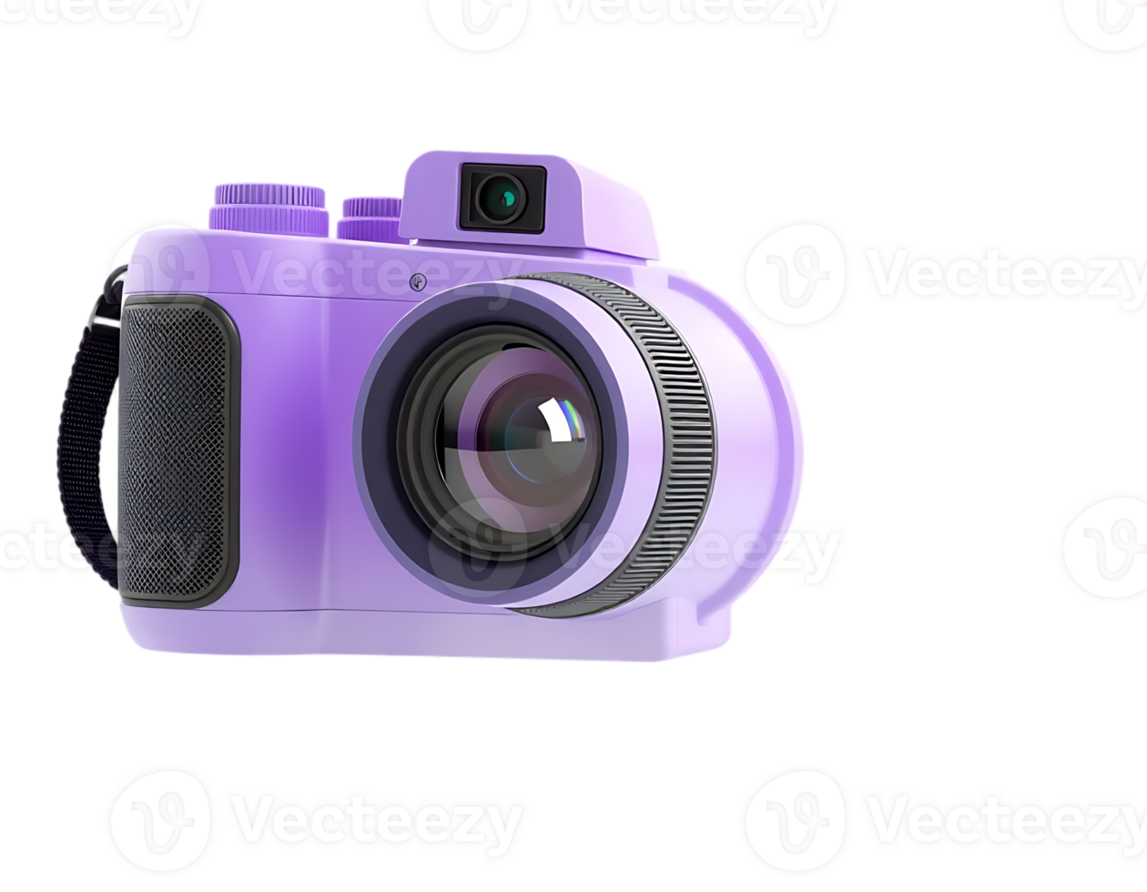 Close-up of a purple digital camera with a strap, lens and viewfinder png