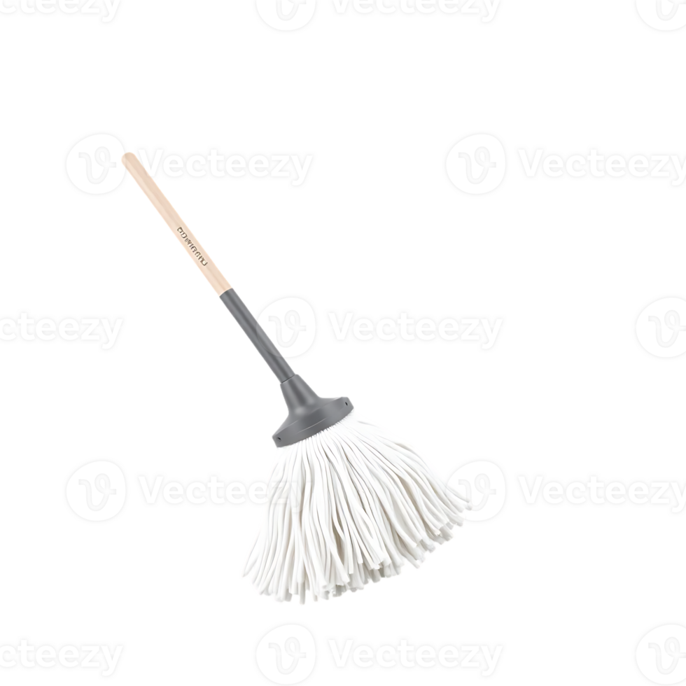 A white mop with a wooden handle on a transparent background png