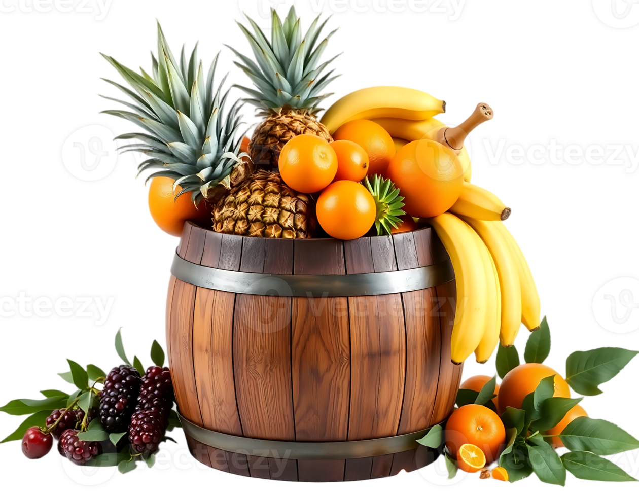 A barrel filled with various fresh and ripe fruits, including pineapples, oranges, and bananas. png
