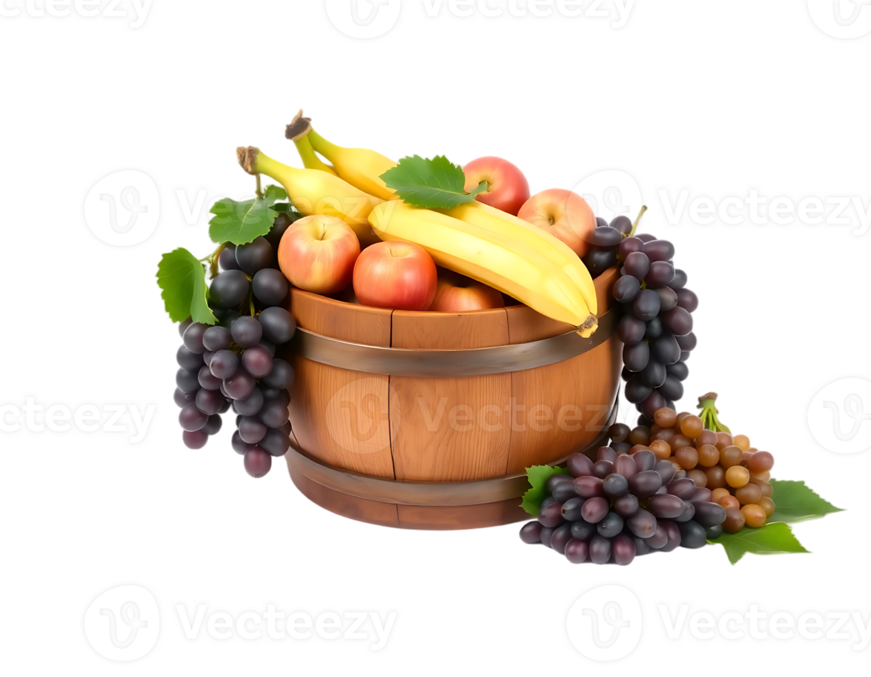 A wooden bucket overflowing with ripe grapes, apples, and bananas. png