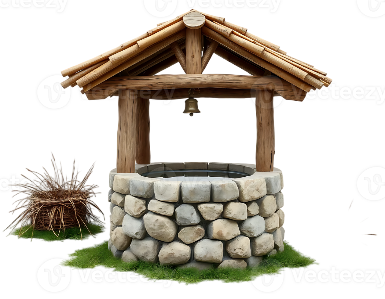 Rustic stone well with wooden roof and a bell png
