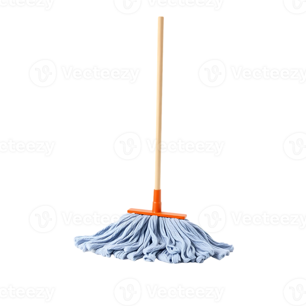 Mop with blue mop head and wooden handle for cleaning floors png