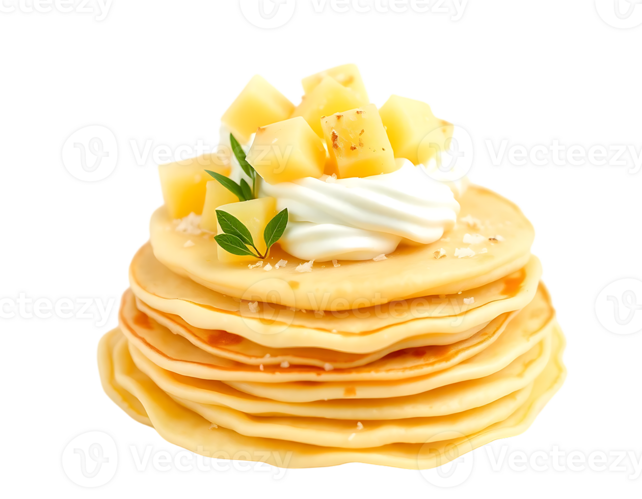 Delicious stack of pancakes with pineapple and cream png