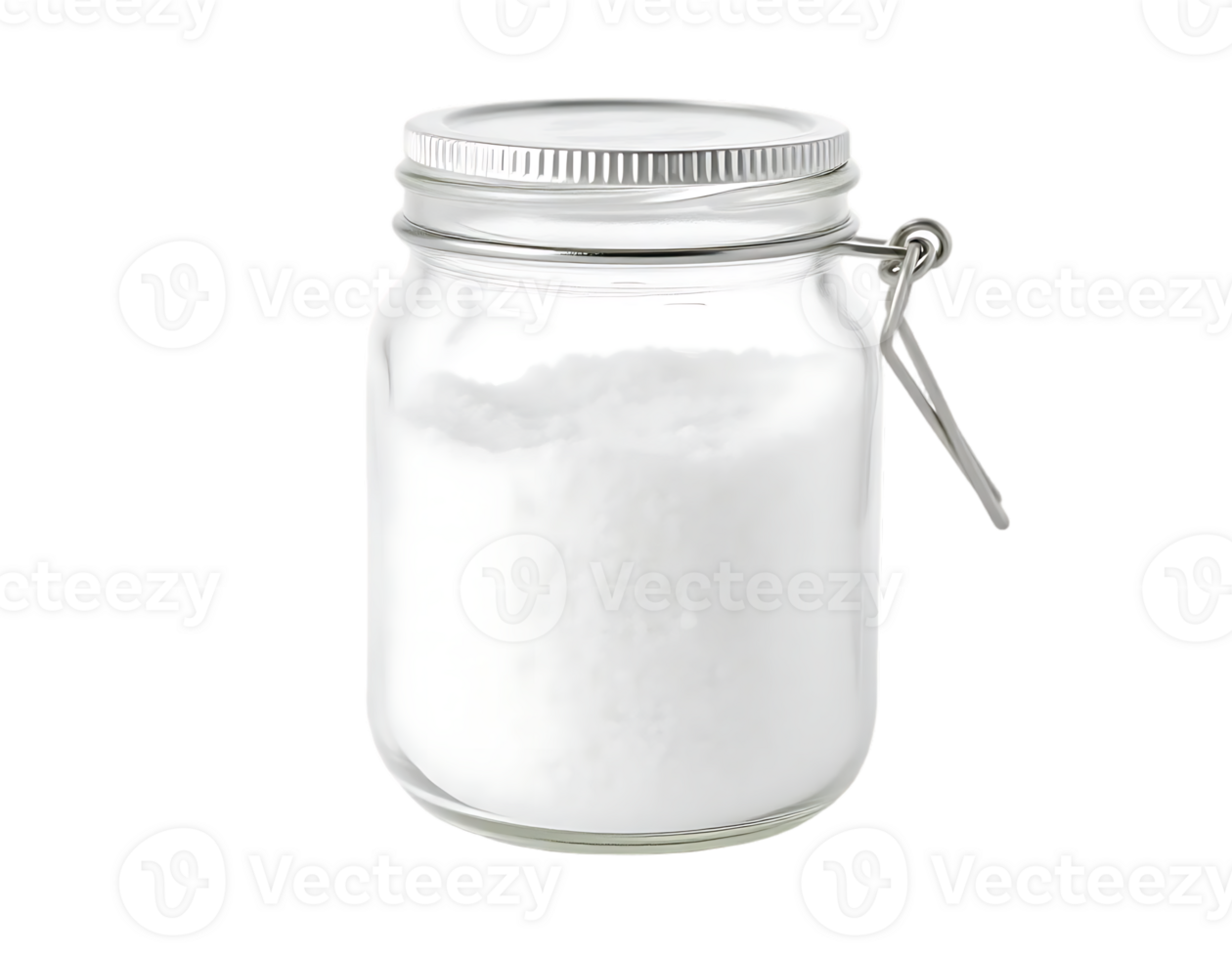 Glass jar filled with white powder, isolated on a transparent background png