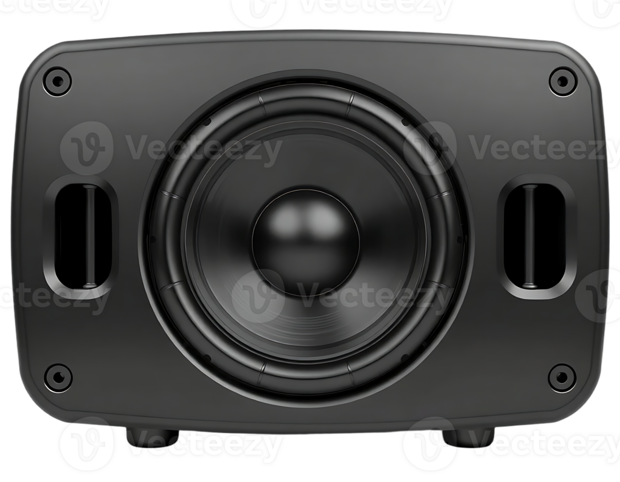 Black rectangular speaker with a large central woofer and two small ports on each side. png