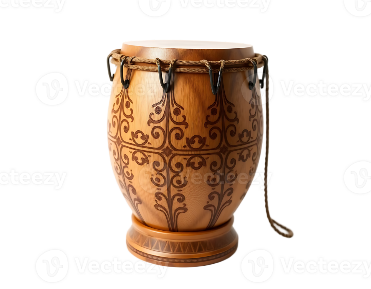 Intricately carved wooden drum on a transparent background. png