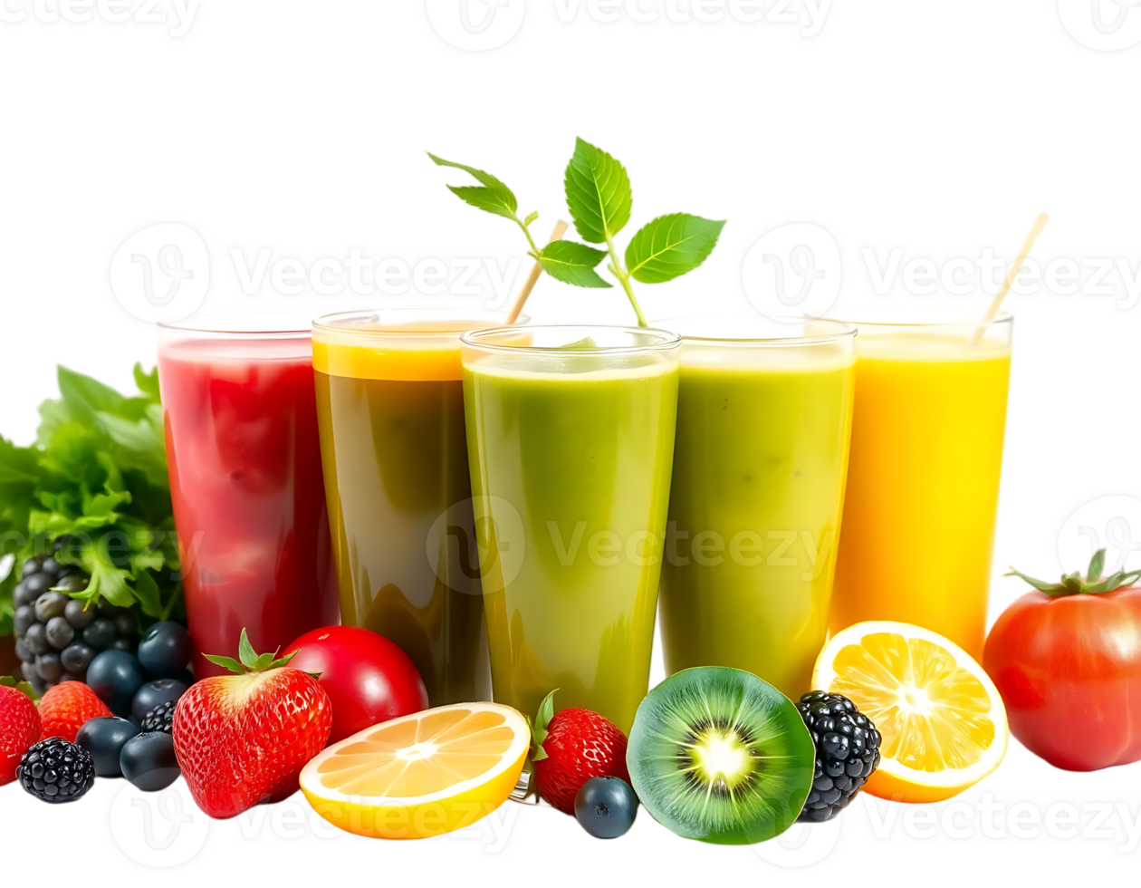 Assortment of colorful and fresh fruit juices png