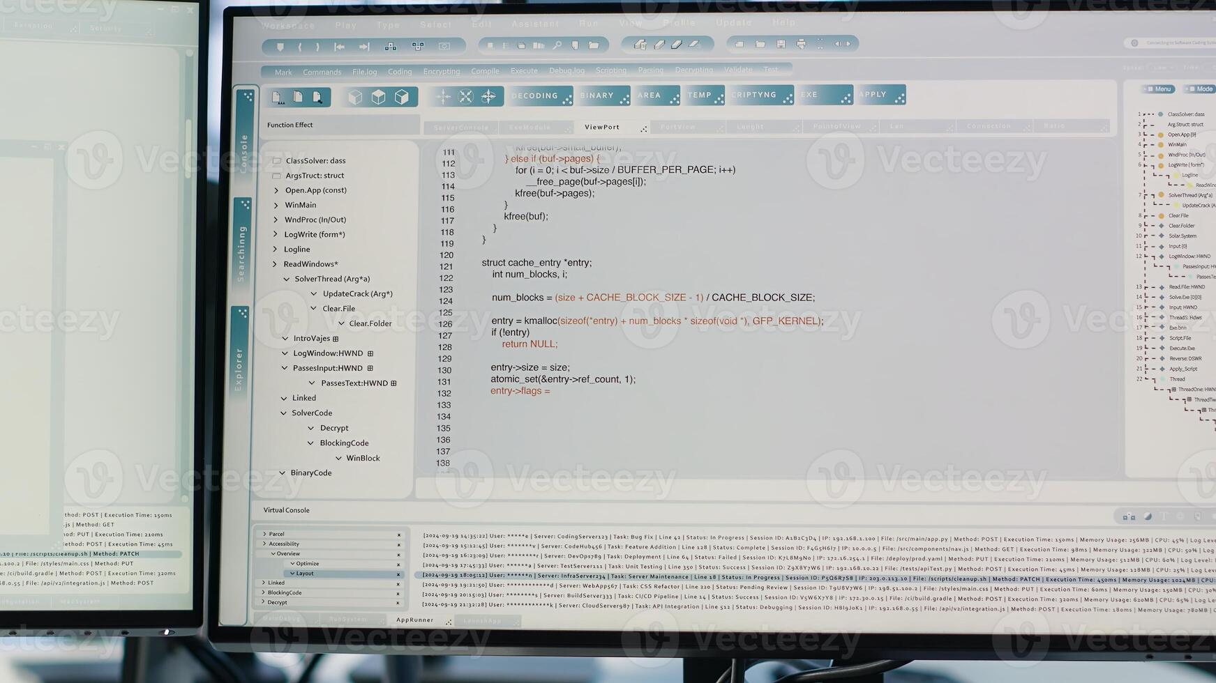 Computers in data center running server rigs diagnostic tests and error checking utilities to identify and resolve software problems. PC software used to monitor critical systems, checking for issues photo