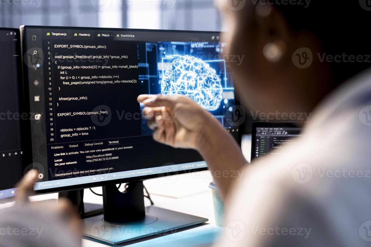 Woman in AI data center checks for performance issues arising due to high CPU usage. Neural networks expert in server farm fixing insufficient memory errors slowing hardware photo