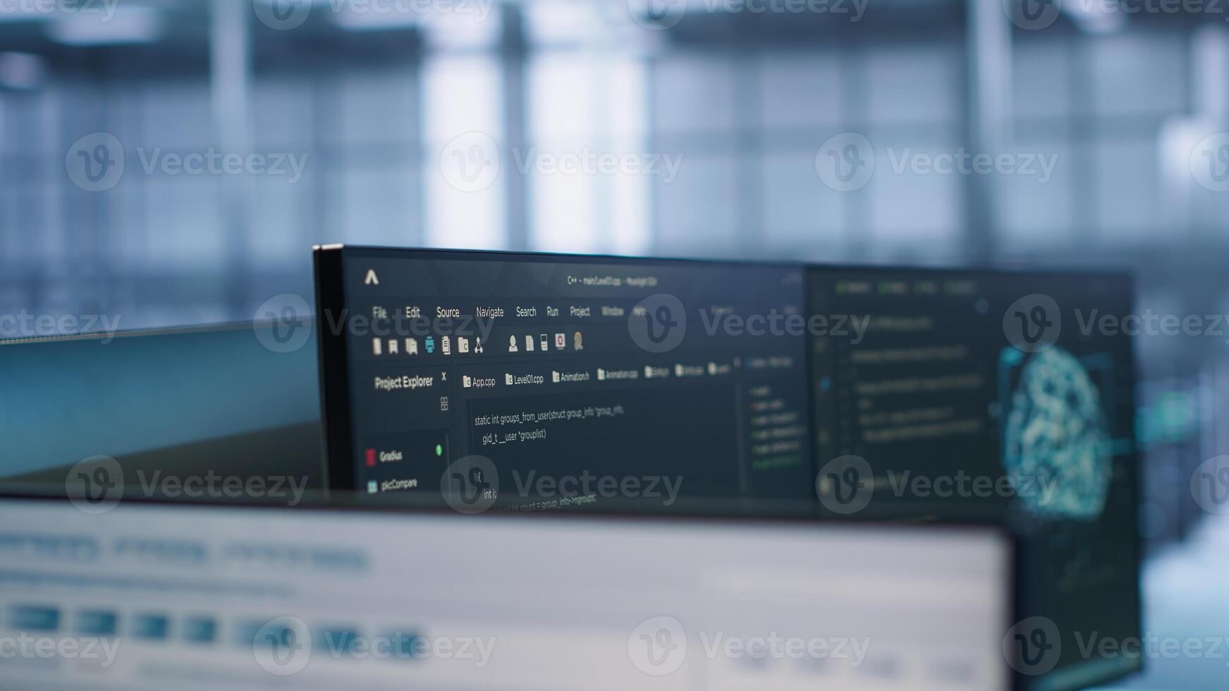 Close up of code on computer screens in high tech facility responsible with intense data computations demanding scalable, error free network to support AI machine learning, handheld camera shot photo