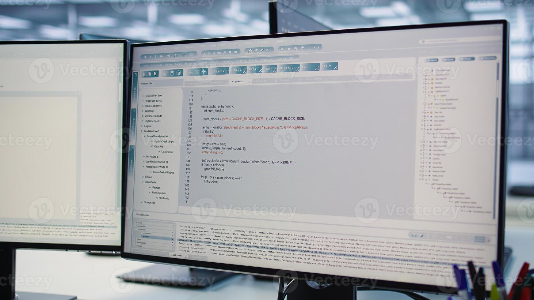 Computers in data center hosting rackmount ensuring faultless operations conditions. Close up of PC monitors on desk used for monitoring data center devices energy consumption photo