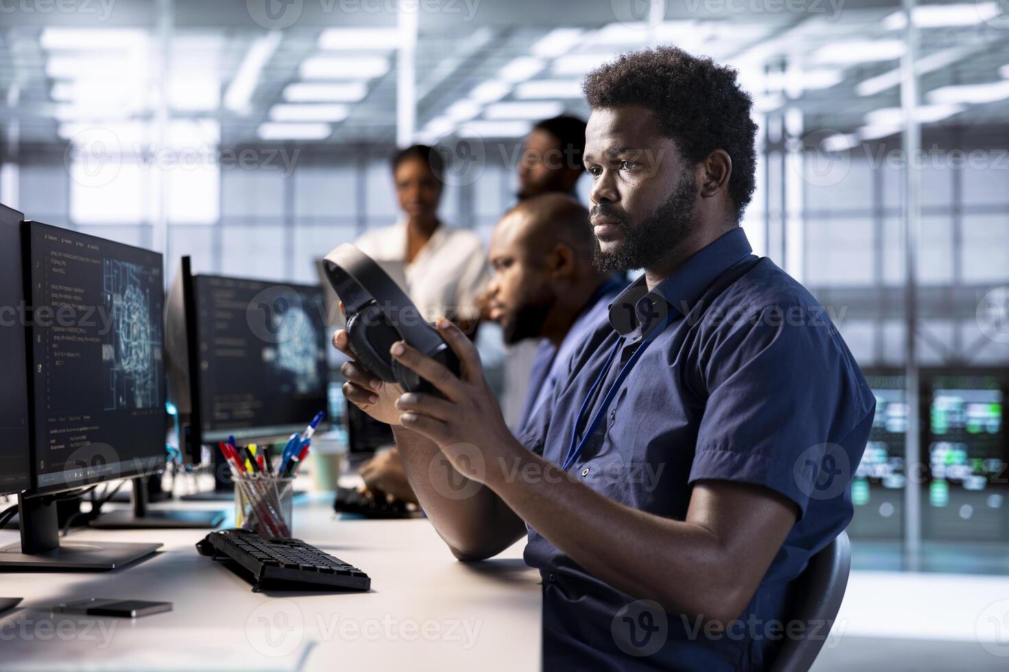 Server farm admin putting on headphones to hear songs while using artificial intelligence tech for increased productivity. Data center worker listening music, implement AI driven solutions photo