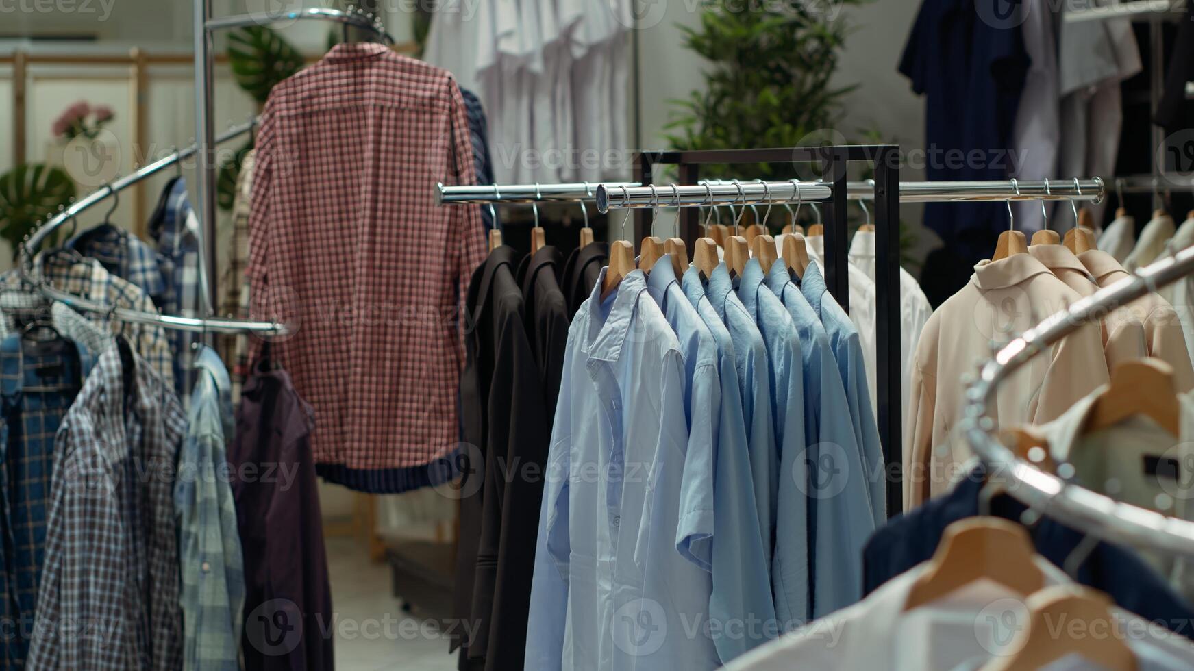 Elegant clothing store racks and hangers with a selection of shirts in various colors, creating a stylish and trendy fashion display in a refined retail space. Empty shopping center boutique. photo