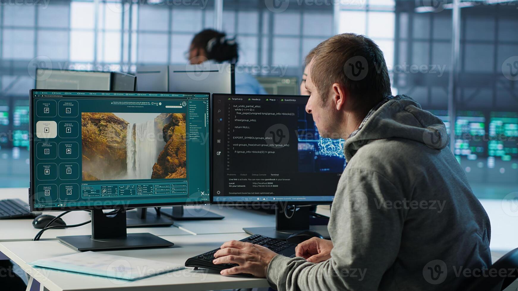 Engineer in server hub making generative artificial intelligence website generating videos using diffusion model algorithms. Employee coding AI virtual assistant producing clips, camera A photo