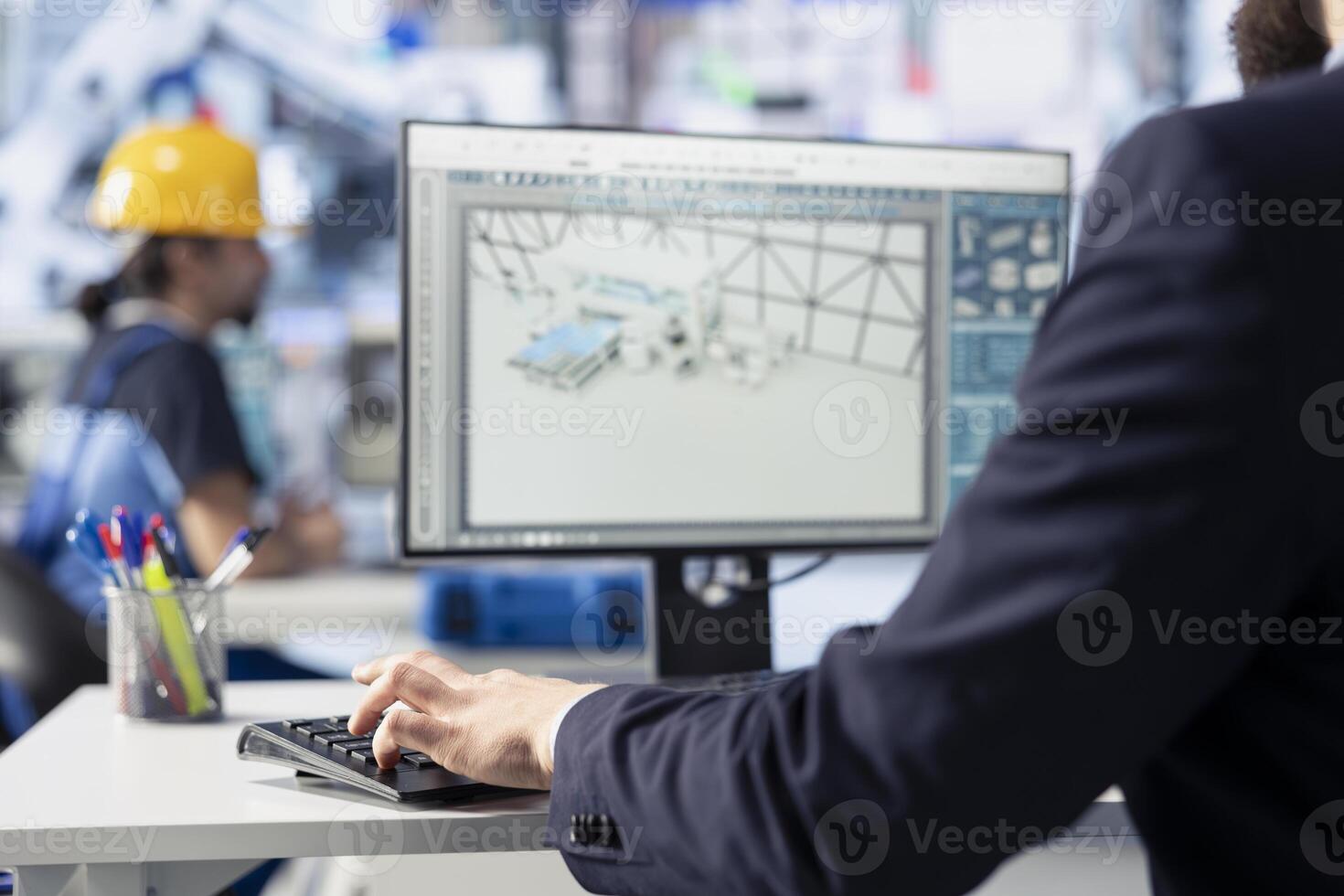 Photovoltaics factory worker programming solar manufacturing machinery using PC, finetuning system settings for maximum efficiency. Engineer works on solar panel assembly on workstation, closeup photo