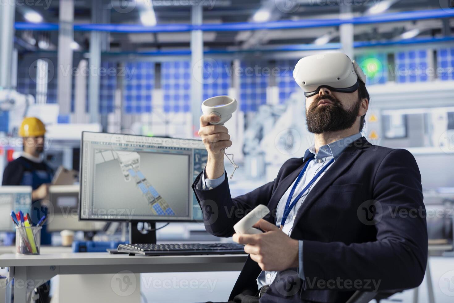 Photovoltaics factory worker using VR technology to analyze and modify assembly line configurations. Solar panels plant expert using virtual reality to do system performance optimizations photo
