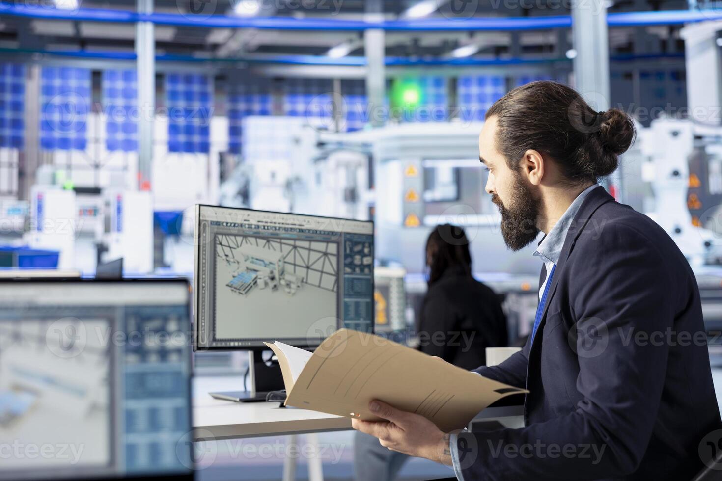 Inspector in solar panel factory checking up on manufacturing equipment, reading documentation files. Man in industrial facility inspecting green energy production process, checking paperwork photo