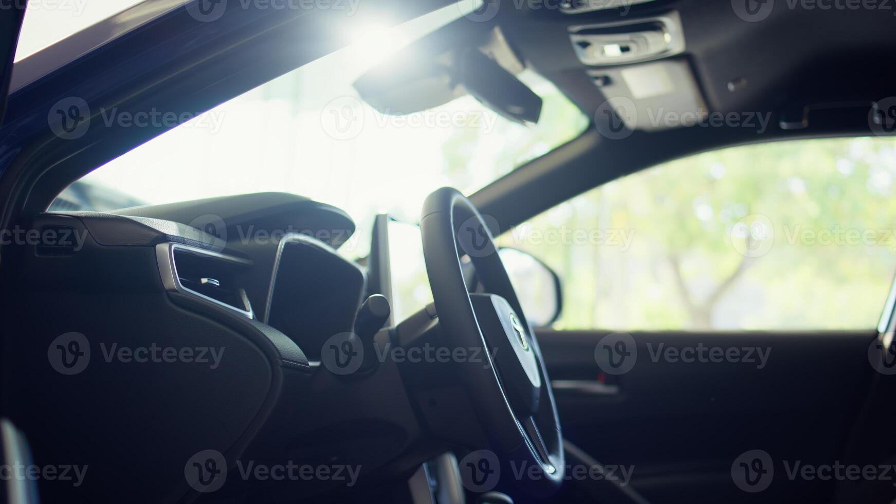 Close up of car interior gearbox gear shift, transmission control panel and buttons activating different vehicle functions. Panning shot of vehicle automatic gearbox control buttons photo