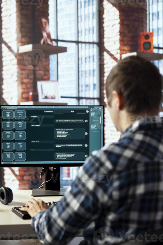 Language model chatbot on computer monitor engages in humanlike interactions with customers. Person speaks with artificial intelligence LLM software handling his requests photo