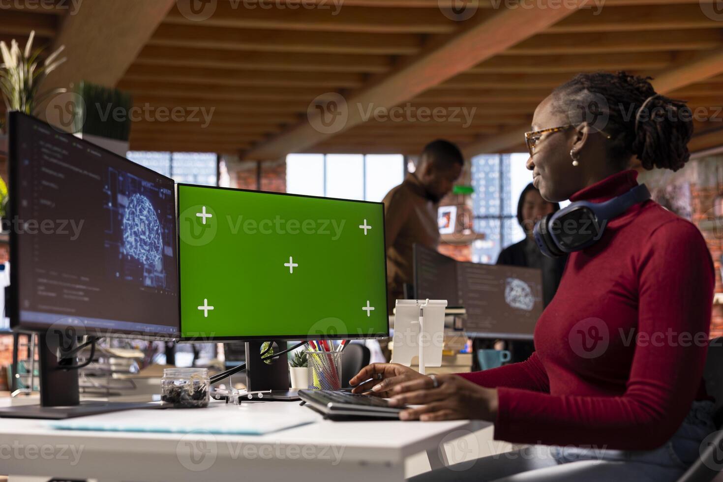 Developer uses isolated screen PC in AI tech agency providing software development services. Startup IT specialist uses artificial intelligence to streamline coding process on chroma key computer photo