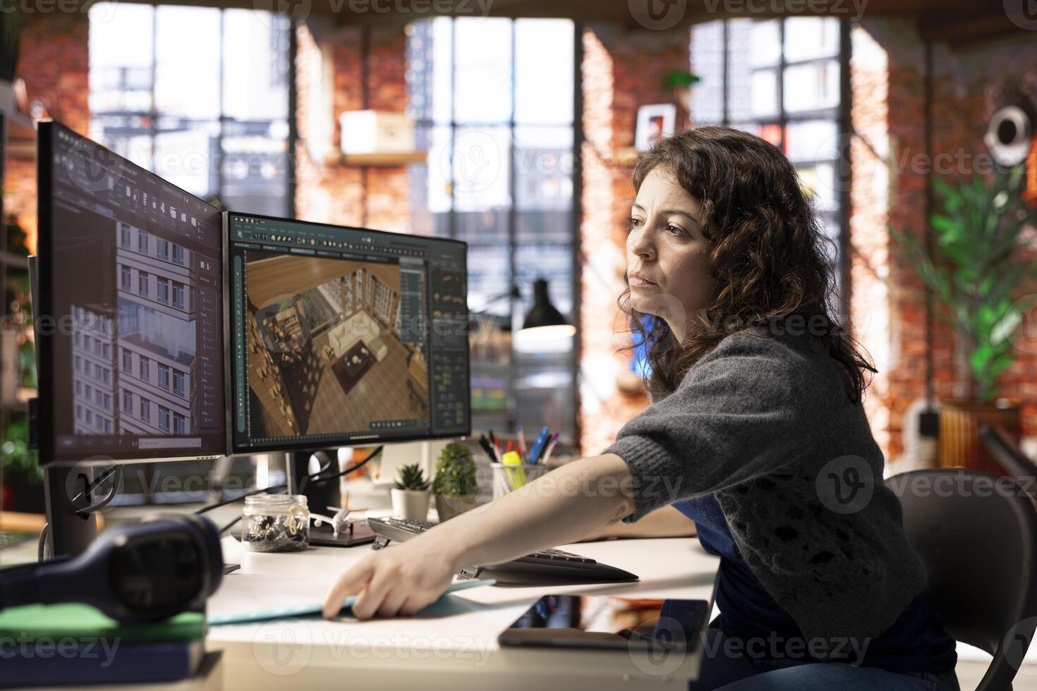 Worker in a creative office uses CAD software to design a house interior, provides a user interface for virtual home planning. Woman developer creating a precise architectural layout and adjustments. photo