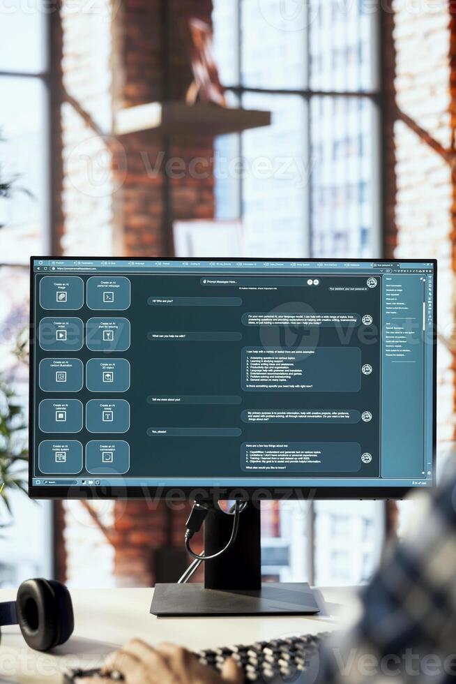 Person using program on computer integrating language model functions and processing user input, produce text output within AI chatbot interface, close up shot of PC screen photo