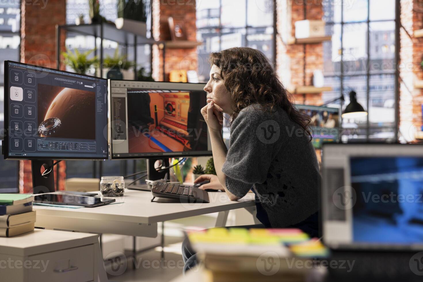 Game developer creates a Mars based virtual station using tools. Futuristic program processes data with deep learning and automation to optimize game design and development. photo