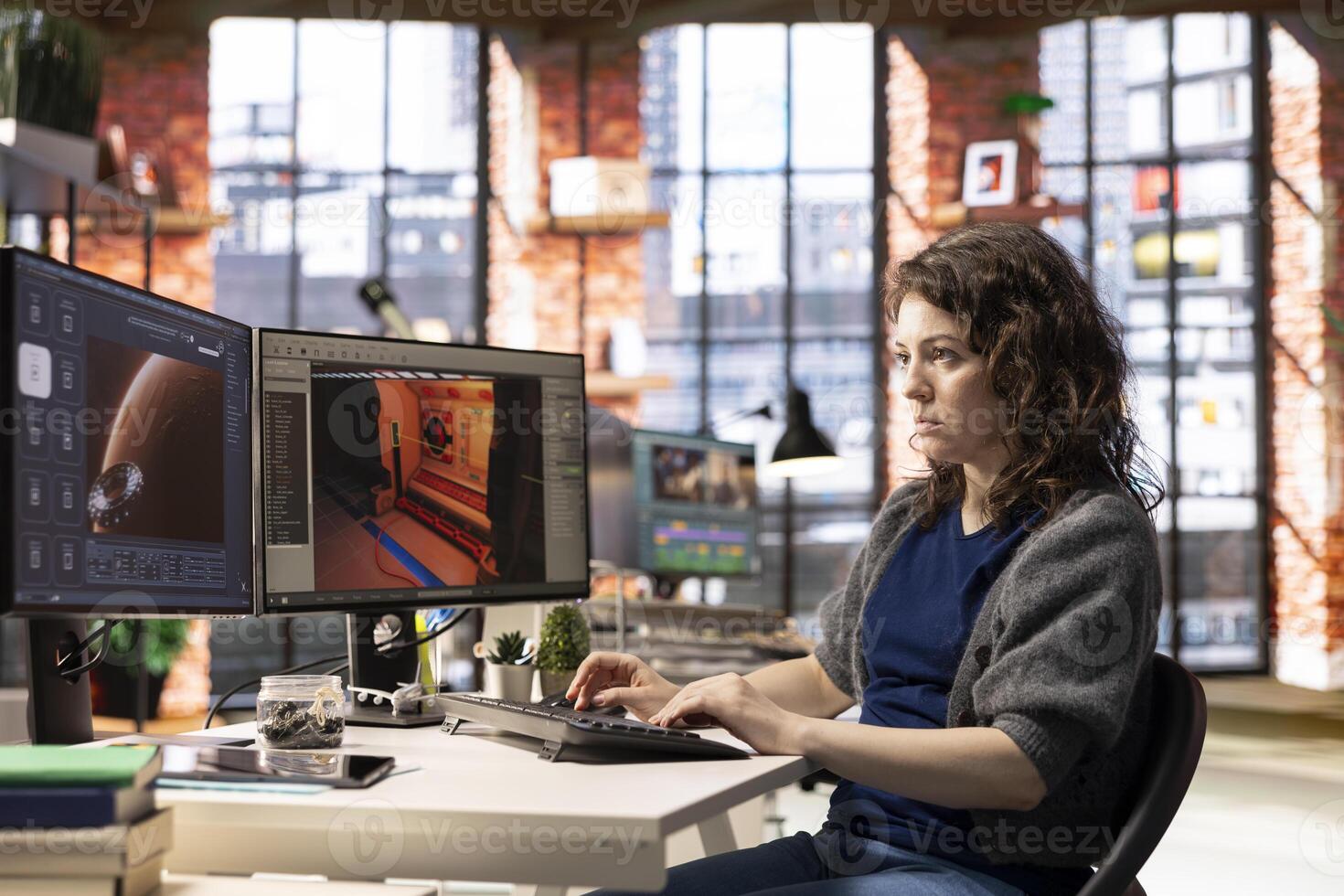 Game developer leverages AI chatbot and software to create a virtual Mars environment. Using generative artificial intelligence app utilizes deep learning and automation for futuristic game designs. photo