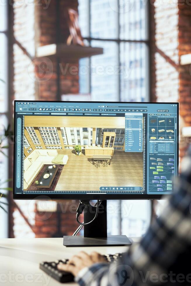 Interior designer uses architectural software to show customers what their home will look like after finishing remodeling commission. Man preparing visual preview for clients on PC, close up photo