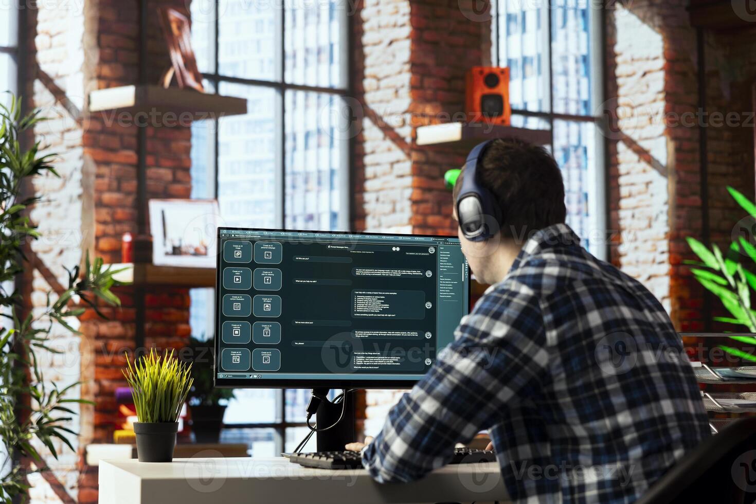 Man listening music uses conversational AI bot used to provide help for company customers. Person wearing headphones getting job done with LLM powered chatbot helping him photo