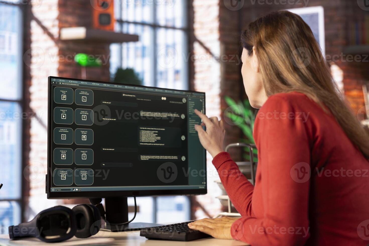 Freelancer woman utilizing AI powered software to improve productivity at home office, remote work. Virtual assistant showcases how automation and machine learning transform daily tasks. photo