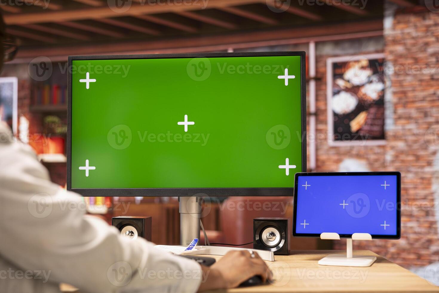 Teleworker inputting data on isolated screen PC and tablet, completing spreadsheets in home office. Remote worker editing documents on mockup devices, updating reports and files, close up photo