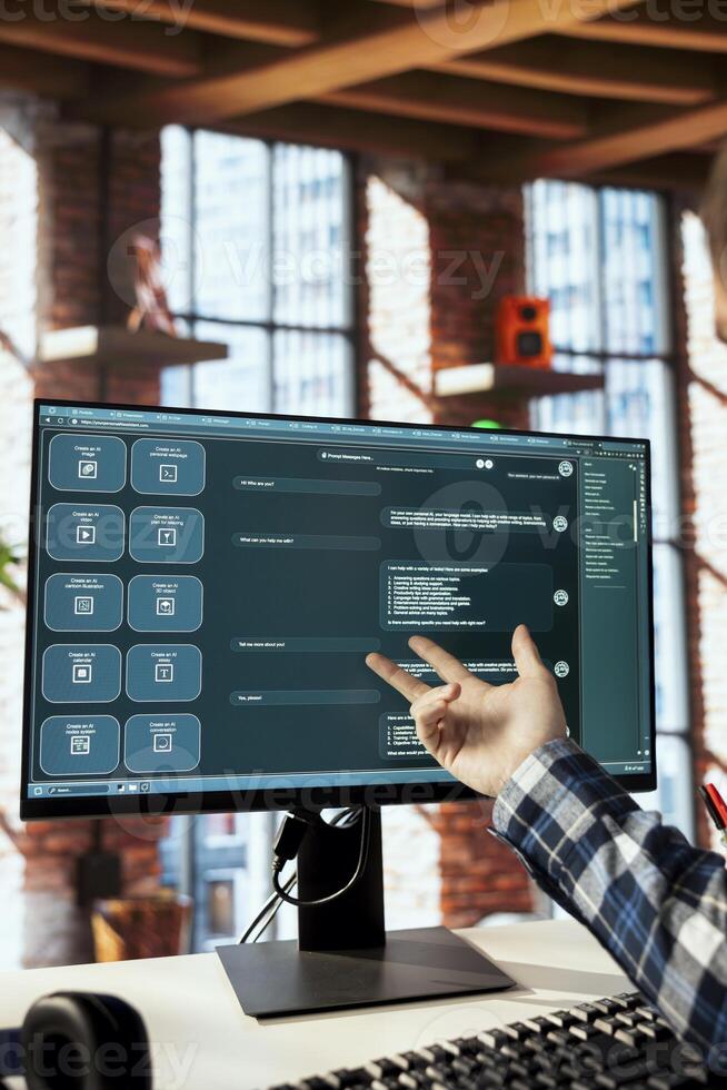 Freelancer in apartment uses large language model chatbot engaging in humanlike interactions. Remote employee solving tasks with artificial intelligence LLM handling user requests photo