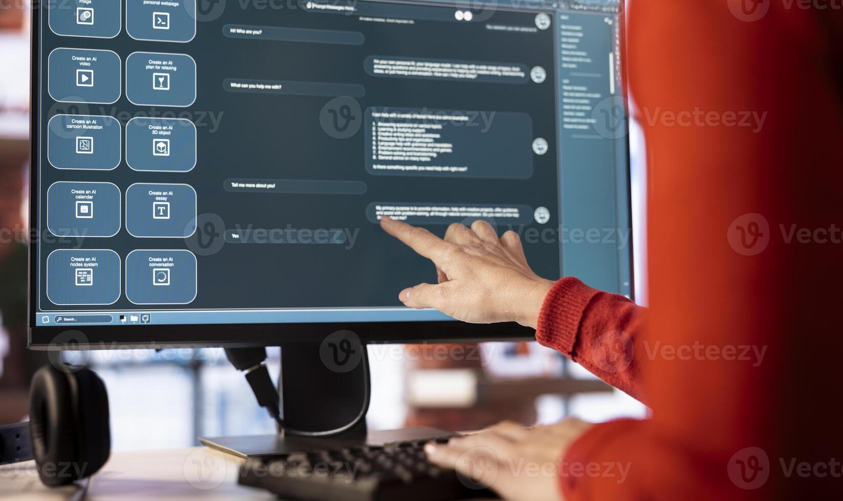 Woman uses AI chatbot system on a computer to guide her through problem solving tasks, futuristic technology highlights smart algorithms and machine learning. Online communication and support. photo