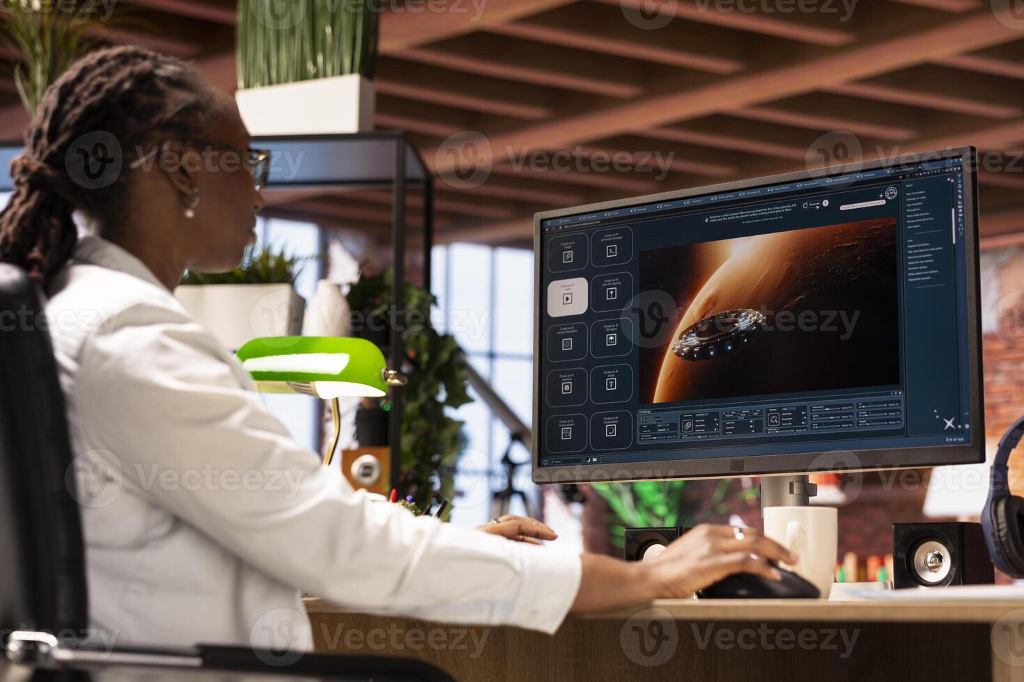 Woman at home using generative artificial intelligence website generating videos using diffusion models. Person in apartment office using AI virtual assistant producing clips photo