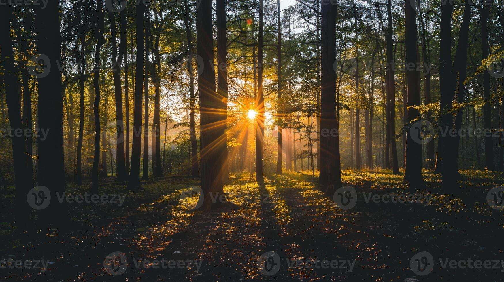 Sunbeams Through the Trees in Misty Forest photo