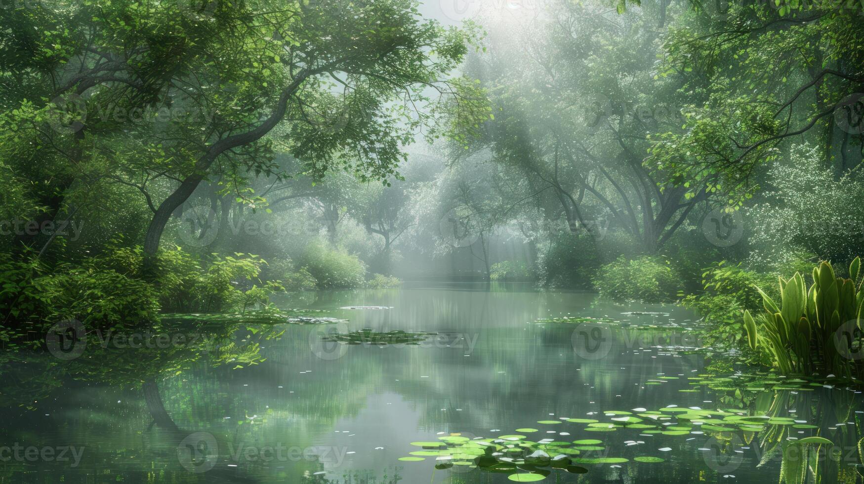 Sunbeams Through the Mist A Serene Forest River photo
