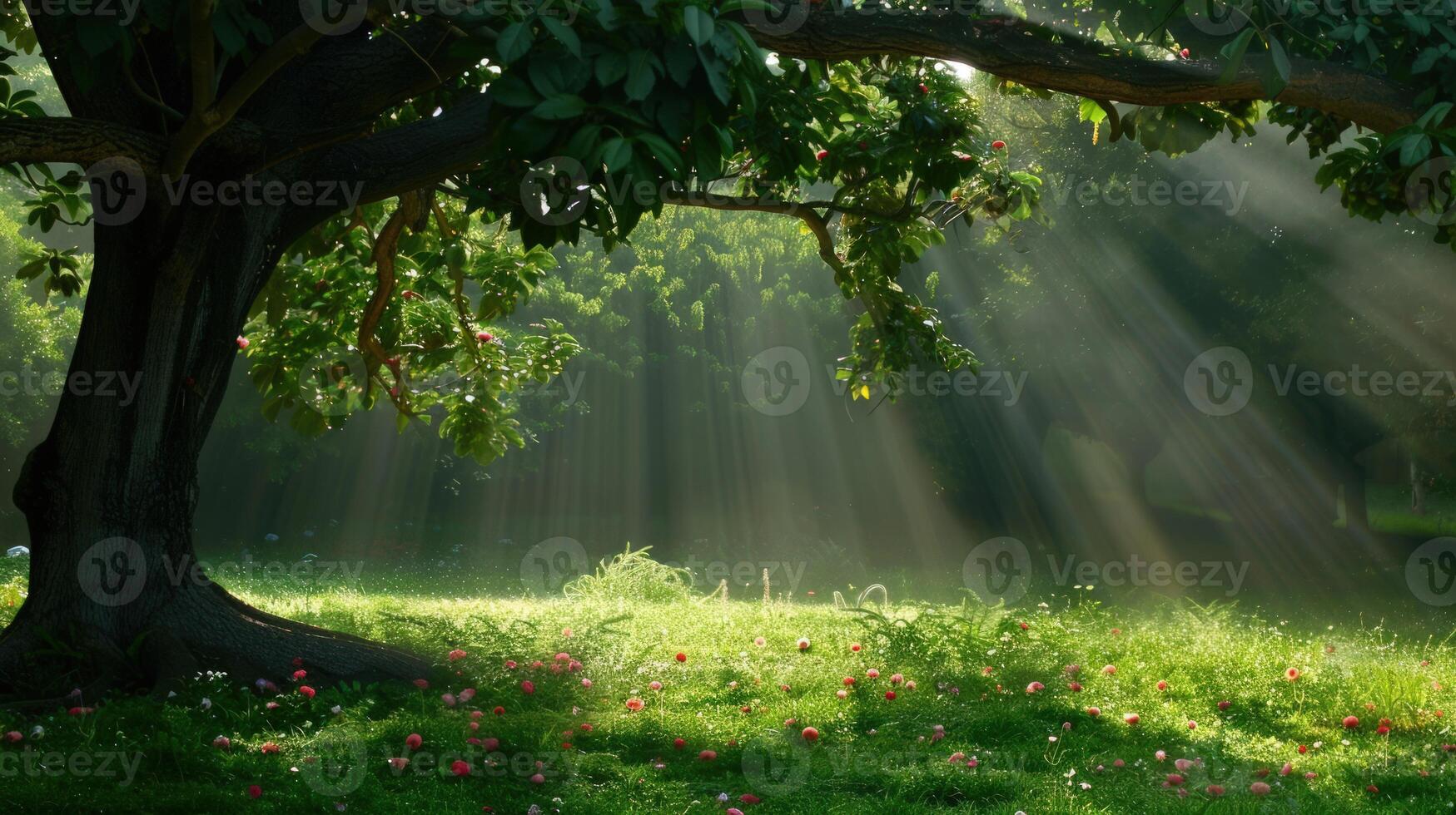 Sunbeams Through Forest Clearing photo
