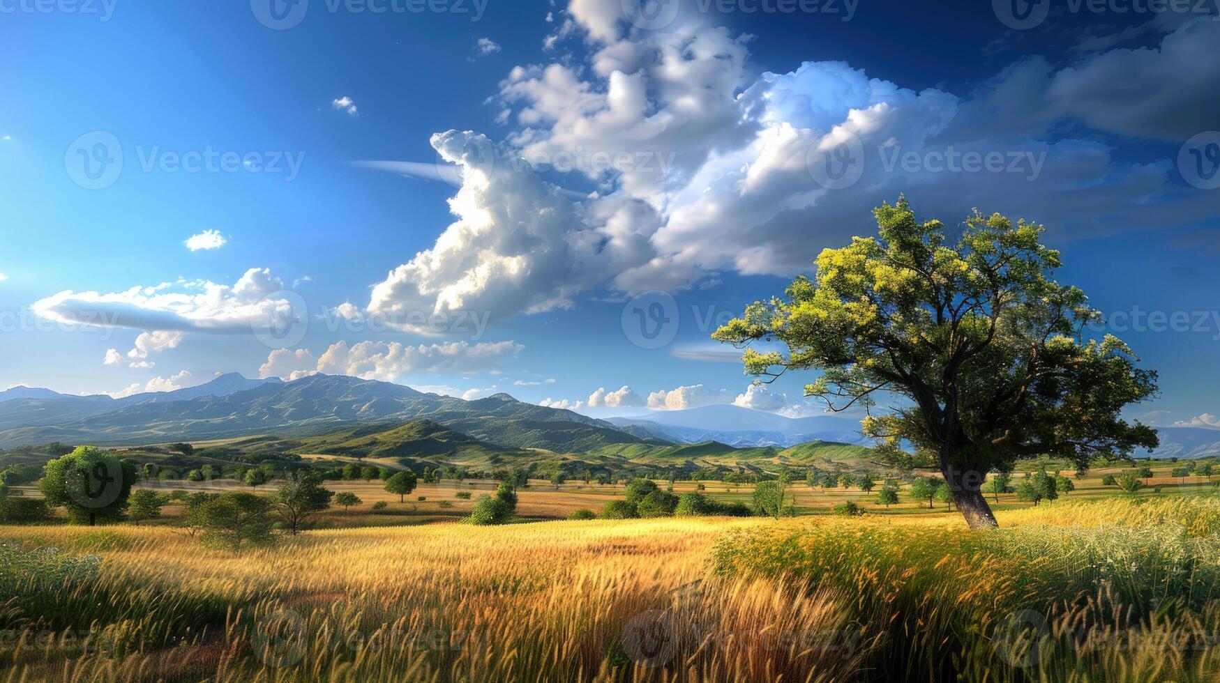 Tranquil Landscape with a Solitary Tree and Mountain Range photo